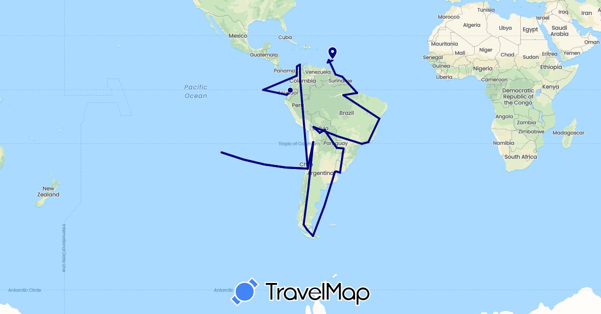 TravelMap itinerary: driving in Argentina, Barbados, Bolivia, Brazil, Chile, Colombia, Ecuador, Grenada, Guyana, Paraguay, Suriname, Uruguay, Saint Vincent and the Grenadines (North America, South America)